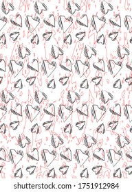 geometric Black hearts illustration with Red striped background seamless vector pattern 