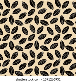 Geometric black leaf seamless elegant pattern vector. Light brown background. Textile fabric design backgrounds.