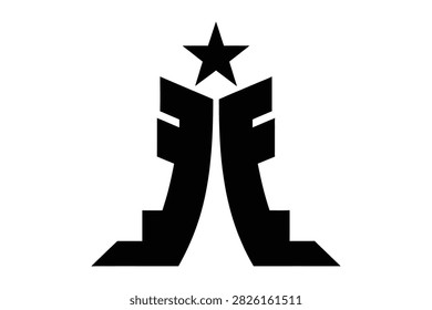 Geometric black monument icon with five pointed star above twin pillars. Abstract architectural design for memorial sites or landmark concepts. Modern vector graphic for branding identity.