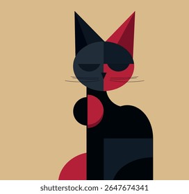 Geometric Black and Red Cat Illustration on Beige Background
