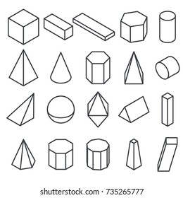 Geometric Black Shapes In Isometric. Mathematical Symbols Icons Outline. Isolated On White Background. Linear Vector Illustration.