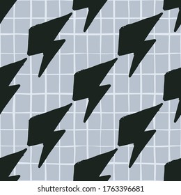Geometric black thunder backdrop seamless pattern on lines background. Lightning bolts. Thunderbolt wallpaper. Decorative backdrop for fabric design, textile print, wrapping. Vector illustration