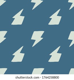 Geometric black thunder backdrop seamless pattern on blue background. Lightning bolts. Thunderbolt wallpaper. Decorative backdrop for fabric design, textile print, wrapping. Vector illustration
