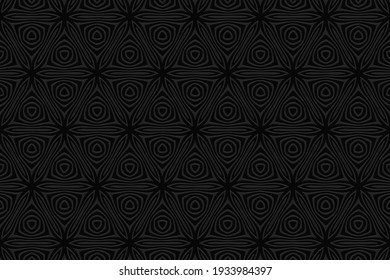 Geometric black wallpaper. Ethnic background with volumetric composition with 3D effect of convex shape. Design for presentations, websites, textiles.