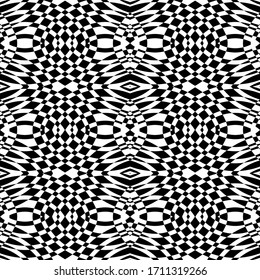 Geometric black and white abstract background. Vector geometrical shapes chekered seamless pattern. Modern optical illusion wallpaper.