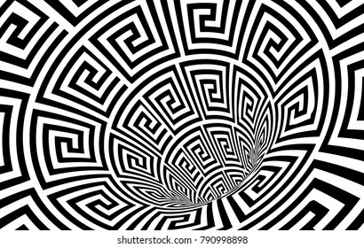 Geometric Black and White Abstract Hypnotic Worm-Hole Tunnel - Optical Illusion - Vector Illusion Meander Patterned Op Art
