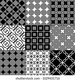 Geometric black and white abstract seamless patterns. Backgrounds for wallpapers, textile