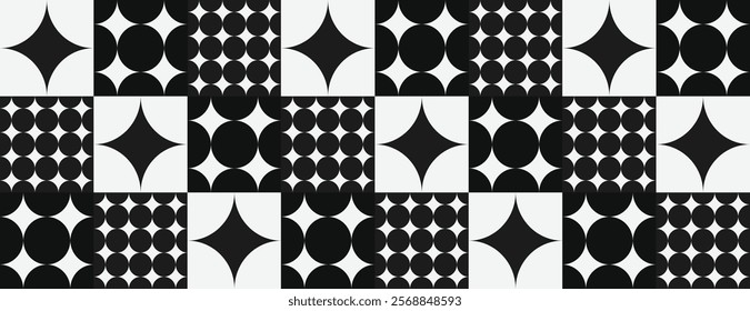 Geometric black and white background with repeating star and circle patterns. Black and white background with a bold, modern texture. Minimal retro geometric star pattern vector background