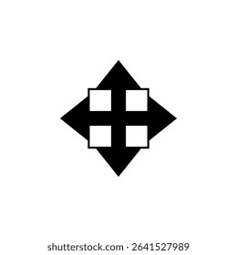 Geometric black and white design featuring a diamond shape with four square elements arranged symmetrically