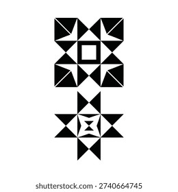 Geometric black and white design featuring interlocking triangles and squares