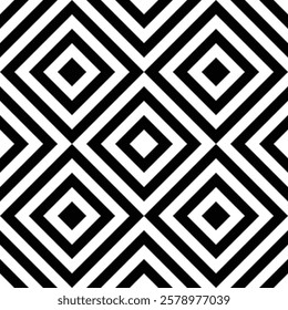 Geometric black and white diamond pattern. Repeating design of intersecting lines creating nested squares.