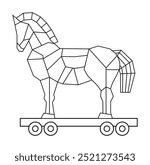 A geometric black and white drawing of a Trojan horse on a wheeled platform. Ideal for history, education, mythology, warfare, deception, ancient Greece. Simple vector style.