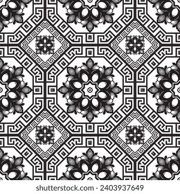 Geometric black and white greek key meanders ornamental floral seamless pattern. Vector modern tribal ethnic style background. Beautiful ornaments with lines flowers, leaves, octagon, rhombus, frames.