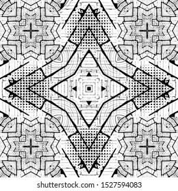 Geometric black and white grunge vector seamless pattern. Modern monochrome ornamental rough background. Dirty repeat geometrical backdrop. Geometry grungy shapes, lines, halftone, dots, squares.