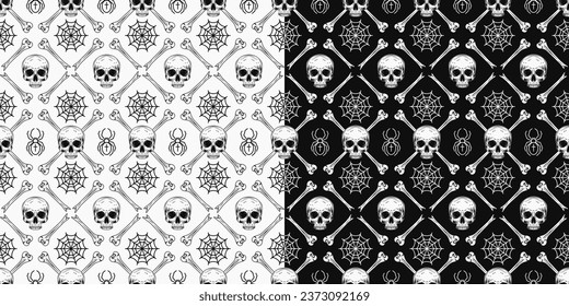 Geometric black and white halloween pattern with square grid with rhombus cells, broken bones, half skull without jaw, spider, spider web on white background. Classic grid pattern Vintage style Not AI