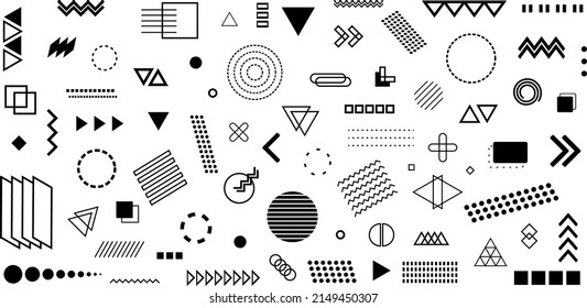 Geometric black and white icon set. Memphis design, geometric vector icons. Collection of modern elements