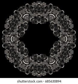Geometric black and white lace pattern. Round folk art ornament with roses. Vector print for embroidery, for decoration.