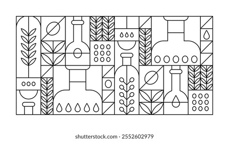 Geometric black and white linear background with olive oil in bottles, fruits and tree leaves. Vector outline abstract poster in stained glass style with Mediterranean virgin cooking oil and branches