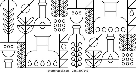 Geometric black and white linear background with olive oil in bottles, fruits and tree leaves. Vector outline abstract poster in stained glass style with Mediterranean virgin cooking oil and branches