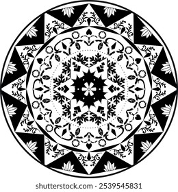 Patrón geométrico de mandala en blanco y negro, ideal para la meditación, arte de la atención plena, decoración de la pared, Diseños del tatuaje, carteles espirituales, estudios de yoga, libros para colorear, impresiones textiles y obras de arte culturales