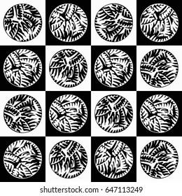 The geometric black and white pattern with bamboo trees hand drawn in circle. Seamless vector background