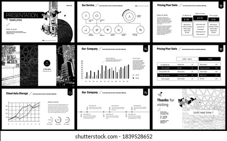Geometric Black and White Presentation Element Templates. Vector infographics. For use in Presentation, Flyer and Leaflet, SEO, Marketing, Webinar Landing Page Template, Website Design, Banner.
