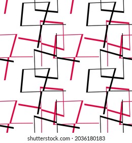 Geometric black, white and red seamless pattern with squares. Abstract vector decor. Artistic illustration for fabric design, wallpaper, decorative paper, web design, templates, collages, background.