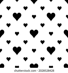 Geometric black and white seamless pattern with hearts. Abstract vector art. Monochrome romantic artistic illustration for fabric design, wallpaper, decorative paper, web design, templates, collages.