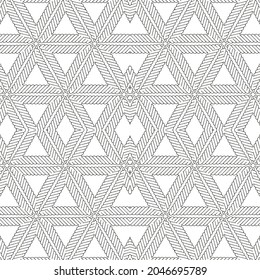 Geometric black and white seamless pattern. Vector ornamental triangles and rhombus background. Twisted ropes ornaments. Repeat patterned monochrome backdrop. Symmetrical elegant geometrical design.