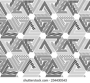Geometric black and white seamless pattern, endless striped vector background. Monochrome abstract covering with hexagons and triangles.
