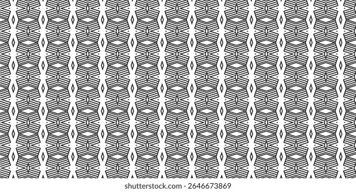 Geometric black and white seamless pattern with vertical symmetry, ideal for textiles, wallpapers, or backgrounds. Bold lines and diamond shapes enhance the abstract appeal.