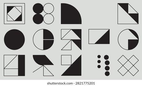 Geometric black and white shapes arranged in grid pattern on light gray background exploring symmetry and spatial composition