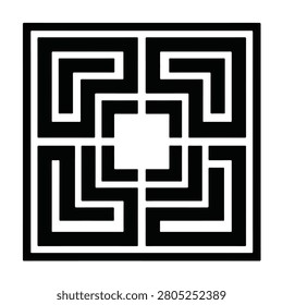 Geometric black and white square pattern featuring symmetrical labyrinthine lines and nested corner brackets for modern graphic design.