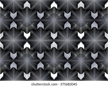 Geometric black and white stripy overlay seamless pattern, bright vector abstract background. Graphic symmetric ornament.