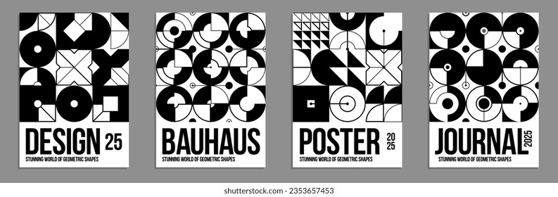 Geometric black and white vector posters and covers in Bauhaus style, layout for advertisement sheet, monochrome tech engineering style shapes mechanical.