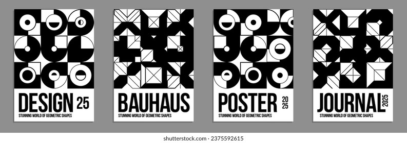 Afiches y cubiertas vectoriales geométricos en blanco y negro al estilo Bauhaus, diseño para hoja publicitaria, estilo técnico monocromo formas mecánicas.