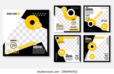 Geometric black, white, and yellow social media post templates with circular photo frames, bold text for discount and promotion, and dynamic shapes.