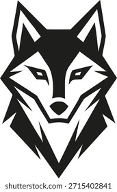 Diseño geométrico del logotipo de la cabeza del lobo negro sobre fondo blanco Palabras claves lobo, cabeza, logotipo, geométrico, abstracto, animal, depredador, salvaje, canino, mamífero.