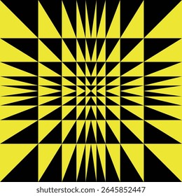 Padrão geométrico preto e amarelo, gráficos op art, estilo de ilusão, plano e perspectiva de membrana. Cobertura de design quadrado. Textura triangular de contraste. Fundo psicodélico vetorial