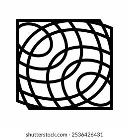 a geometric black-and-white abstract pattern with overlapping curved lines creating circular and oval shapes.