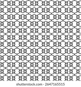 Padrão geométrico preto-e-branco com formas interligadas arredondadas formando uma grade, perfeito para fundos abstratos modernos e têxteis decorativos.