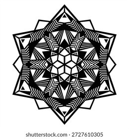 Geometric blackwork mandala tattoo design, symmetric circle linework in black and white