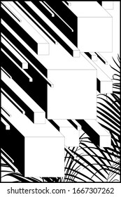 Geometric block composition and tropical leaves, minimal black and white print template design, retro futuristic style