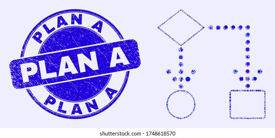 Geometric block diagram mosaic pictogram and Plan A seal. Blue vector round distress seal stamp with Plan A caption. Abstract mosaic of block diagram designed of spheric, triangles,