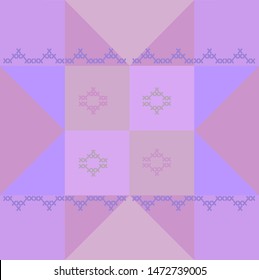 Geometric block pattern for patchwork  with embroidery  cross-stitch. For  decoration fabrics,  on clothing, paper and handbags. Block for creating blankets, clothes, bags.
