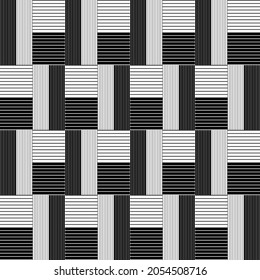 Geometric blocks in black and white with small stripes inside. Seamless repeatable vector pattern. 