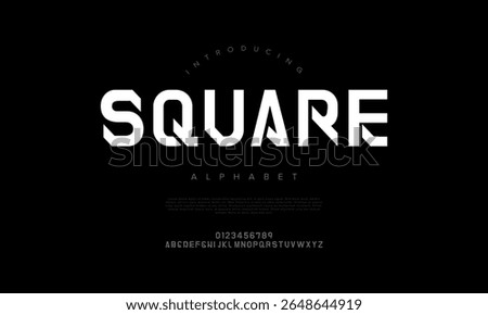 Geometric and blocky futuristic font with angular aesthetics, ideal for sci-fi designs and digital branding