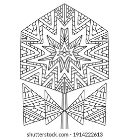 Geometric blossom flower coloring page stock vector illustration. Fantasy hexagon flower with triangular leaves ornamental symmetry illustration. Decorative coloring page for spring and summer