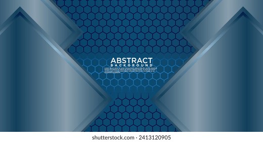 Geometric blue abstract background with arrow metal lines, overlapping layers on dark space with light effect decoration. Modern graphic design template element for poster, flyer, brochure or banner