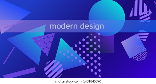 Geometric blue abstract background with trendy isometric shapes. Minimal universal banner templates in memphis style. Minimalistic blue background design with dynamic shapes. Vector illustration.